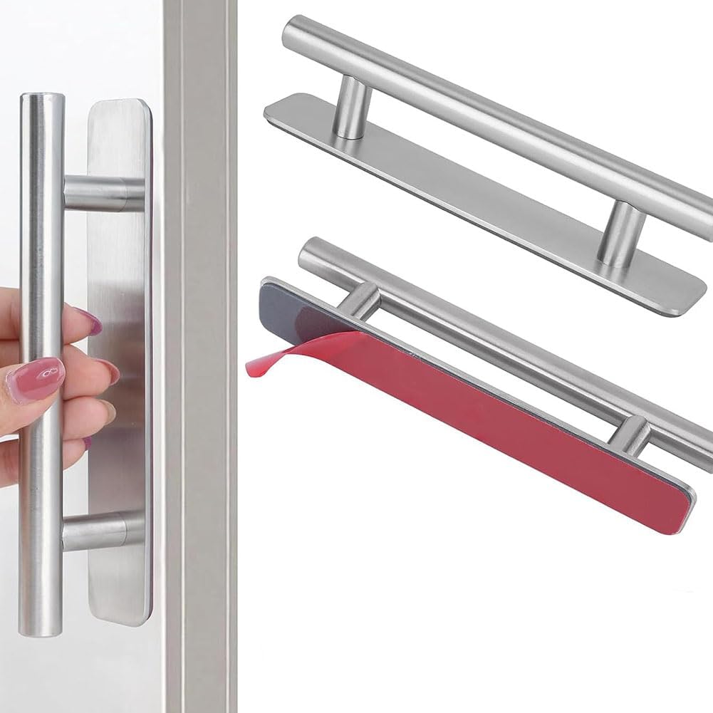 Self Adhesive Door Handle Pulls, 2 Pack Aluminium Alloy Door Push Handles 150X25mm Sliding Door Handle No Drilling for Gates Kitchen Cabinet Garden Sheds, Silver, Brushed