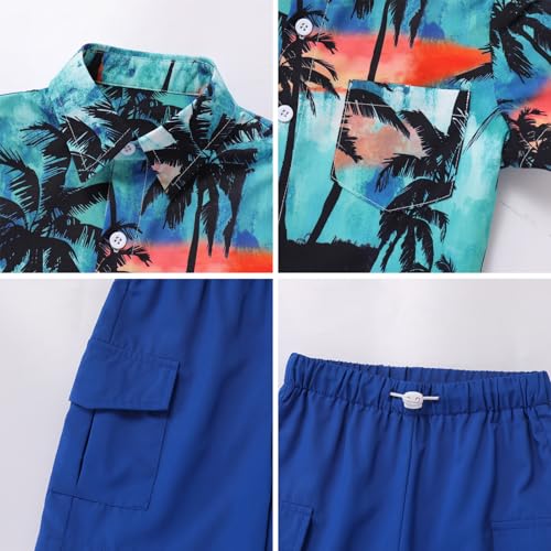 Image of IBTOM CASTLE Boys Hawaiian Button Down Shirts and Short Sets with Bucket Hat Kids Summer Vacation Outfits Tropical Shirt