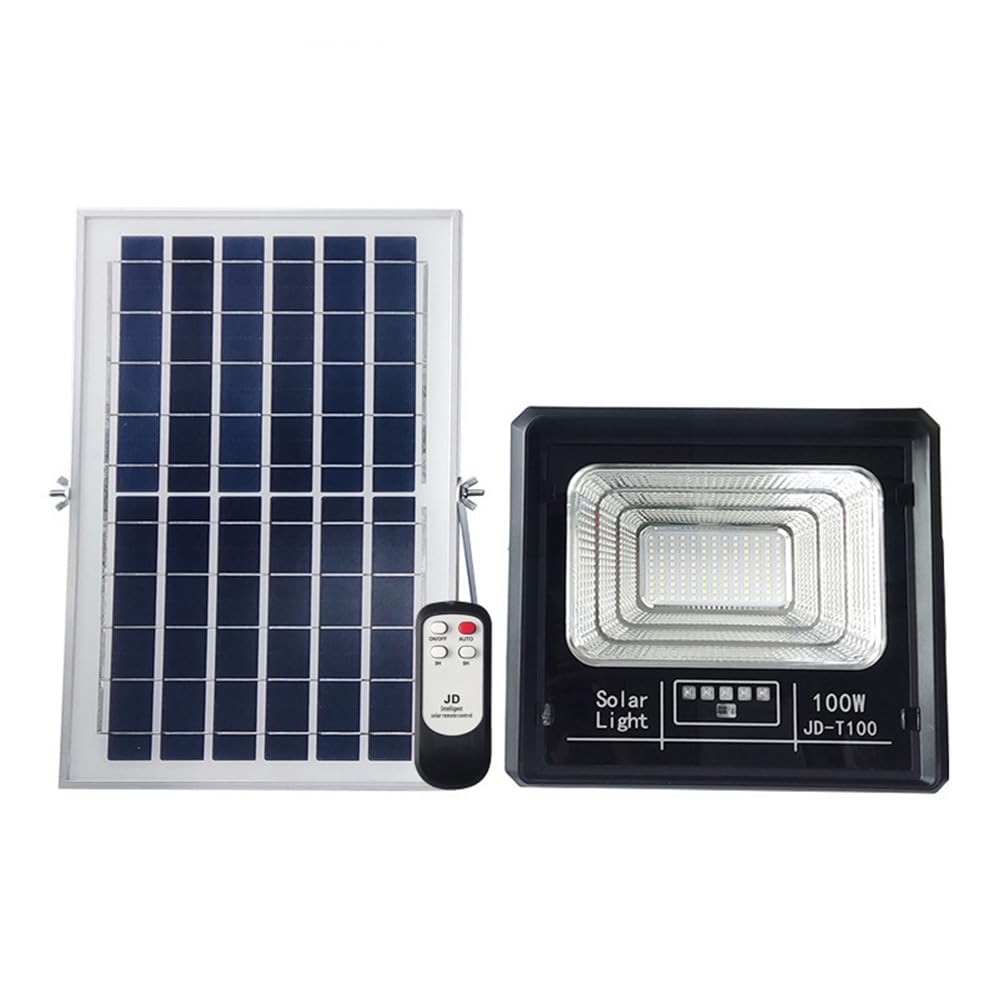 Solar Flood Light IP65 Outdoor Light 100W 5500 Lumens with Remote Control Dusk to Dawn Security Lighting Solar Panel for Yard Garden Gutter Pathway Basketball Court Arena Parking Area
