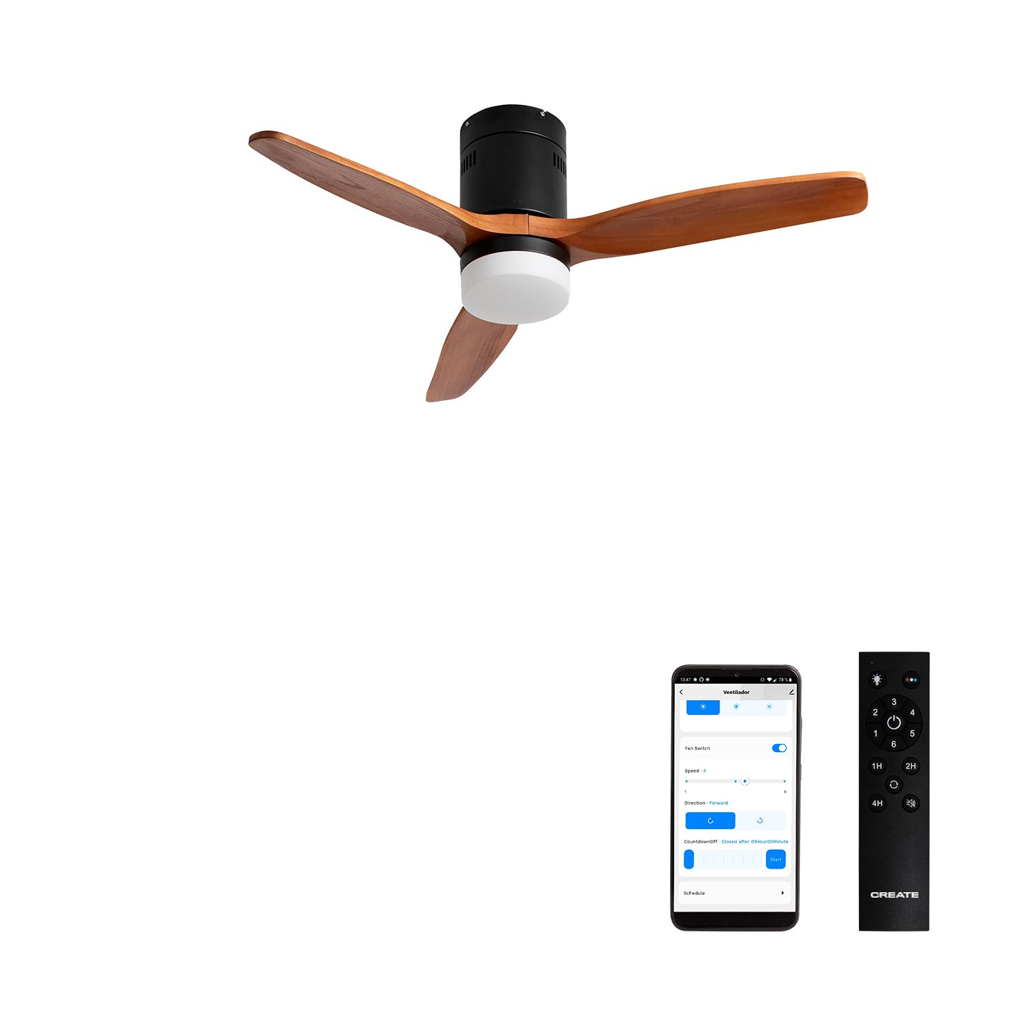 CREATE / WINDCALM NATURAL WOOD S/Ceiling fan with black light dark wood blades with Wi-Fi and remote control/40W, timer, Ø112 cm, 6 speeds, 3 light temperatures, summer-winter function