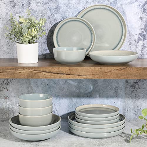 Image of Gibson Elite Juno Moon 16-Piece Reactive Blue Double Bowl Dinnerware Set - Durable Stoneware Plates and Bowls