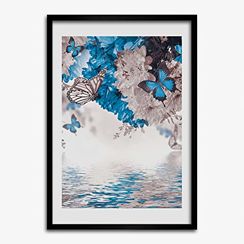 Affiche fleurs et papillons avec cadre en bois moderne 50x70 cm Tulup pour mur
