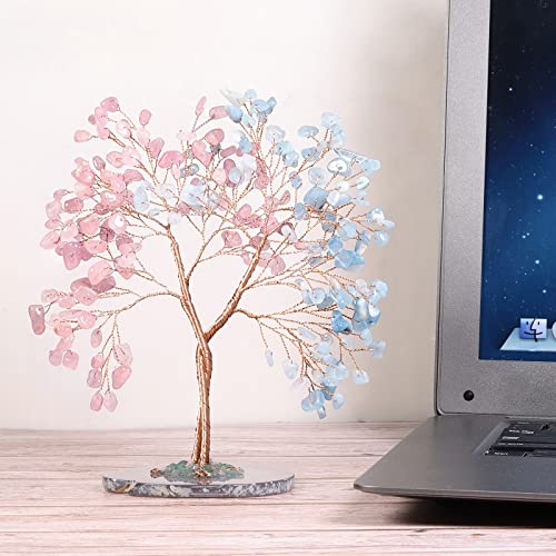 KYEYGWO Rose Quartz+Aquamarine Crystal Stone Money Tree with Agate Slice Base Handmade Feng Shui Bonsai Tree Decoration Love Stone Tree Ornament for Fortune and Wealth - Image 3