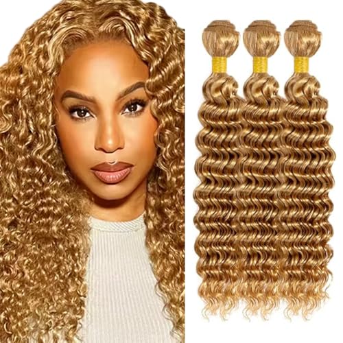 AuokMar Extensiones de cabello humano rubio miel, 26, 26, 26 y 26 pulgadas, cabello humano sin procesar, doble trama brasileña, 3 paquetes, 150 g