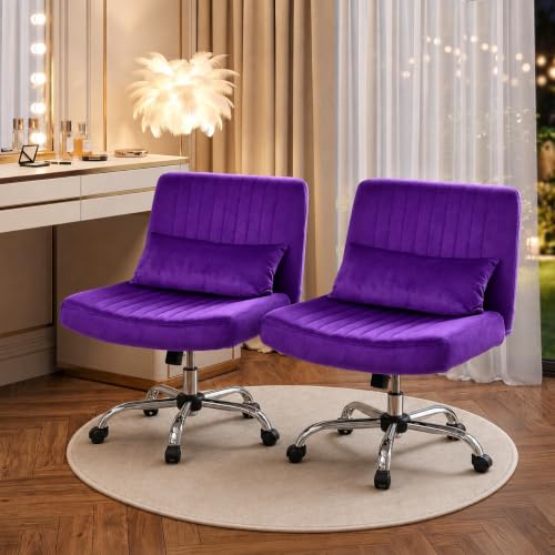 Image of Velvet Criss Cross Desk Chair with Wheels, Luxury Cross Legged Office Office, Swivel Wide Seat Vanity Chair, Armless Adjustable Height Gaming Chair Gift, Dusty (2, Purple)
