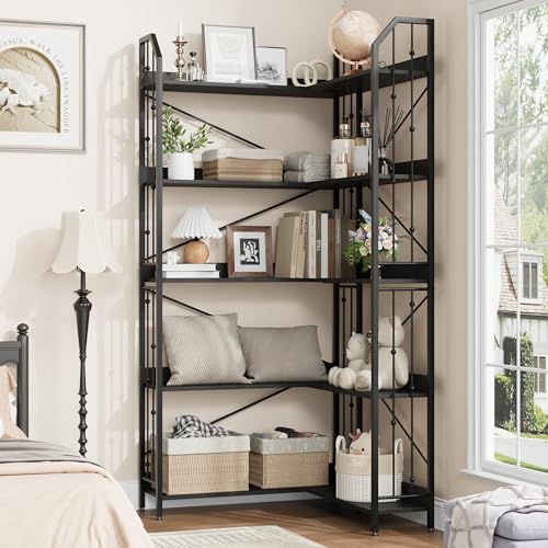 SLEKVERSA Industrial Corner Bookshelf 72", 5-Tier L-Shape Bookcase with Beaded Detail, Space-Saving Large Corner Shelf for Living Room, Bedroom, Office - image 1
