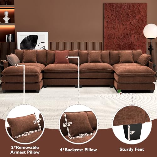 Image of Ihanherry 146 inch U-Shaped Modern Sofa Modular Sectional Luxurious and Comfortable with 2 Ottoman, 6-Seat Chenille Deep Seat Sofa with 6 Pillows for Living Room, Bedroom and Apartment, Brick Red