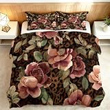 Vintage Bettdecke ohne Bezug 220x240cm, 4 Jahreszeiten Braune Rose Gepard Animal Print Steppdecke für Damen, Warme Weiche Atmungsaktive Schlafdecke Waschbar Ganzjahresdecke