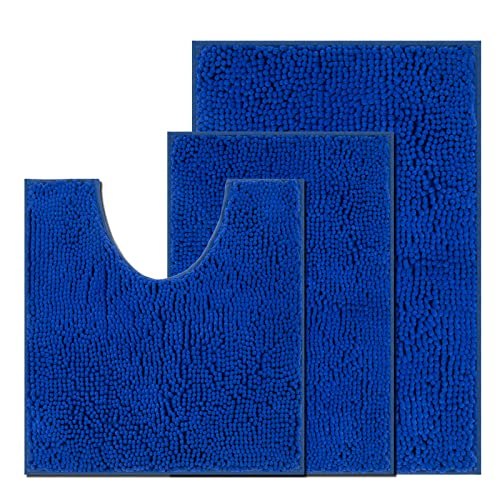 RUN HELIX Bath Mat set 3 Pieces, Soft Chenille Non Slip Bathroom Mat, 50x80 cm(19.6x31.5 in) Bath Mat, 40x60 (15.7x23.6 in) Bath Mat, U-Shaped Contour Toilet Mat, Absorbent Bathroom Rugs Royal Blue