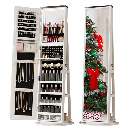 LVSOMT LED Mirror Jewelry Cabinet Standing, 360° Swivel Jewelry Organizers and Storage, Farmhouse...