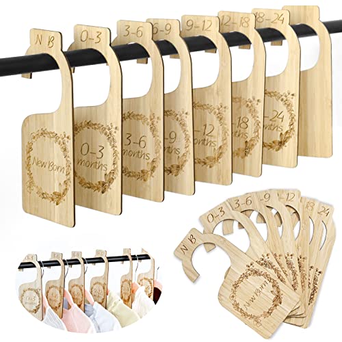 Image of 8 PCS Bamboo Baby Closet Dividers, from Newborn to 24 Months, Baby Nursery Closet Organizer Size Dividers for Baby Clothing Hanging Organization