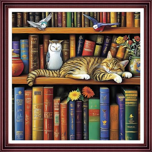 Image of Redxing Stamped Cross Stitch Kits Full Range of Embroidery Starter Kits- Needlepoint Counted Cross Stitch Kits for Beginner Adults 11CT Printed Embroidery Kit-cat Sleeping in on Bookshelf 18x18 inch