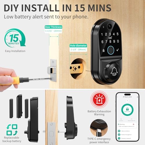 Image of Smart Door Lock for Front Door: WiFi & Camera with 1080p HD Night Vision