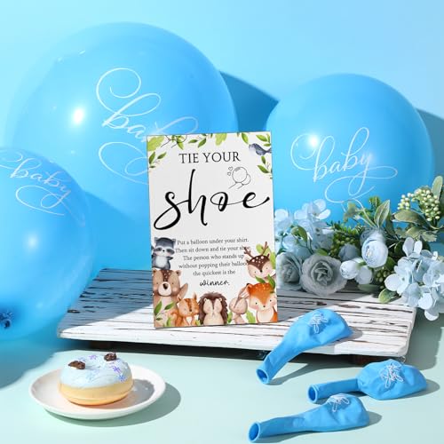 Image of Roowest 51 Pcs Tie Your Shoe Baby Shower Game Sign Wooden Sign Greenery Gift Sets Gender Reveal Party Favors 50 Balloons Latex Balloons for Game Wedding Supplies(Blue,Woodland)