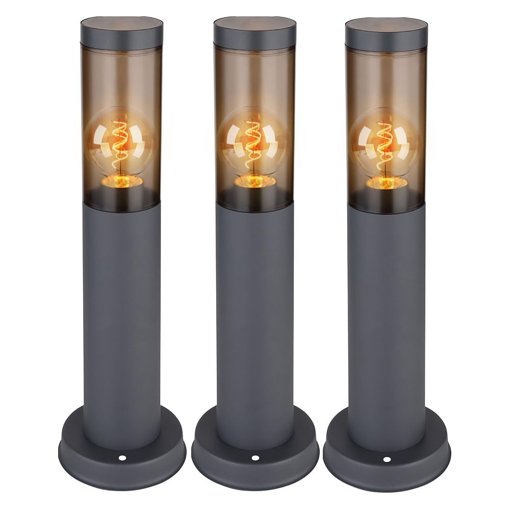 Wegeleuchte Pollerleuchte Außen Sockelleuchte Gartenlampen anthrazit, Standleuchte Balkon, Edelstahl rauchfarben, 1x E27 Fassung, DxH 7,6x45cm, 3er Set