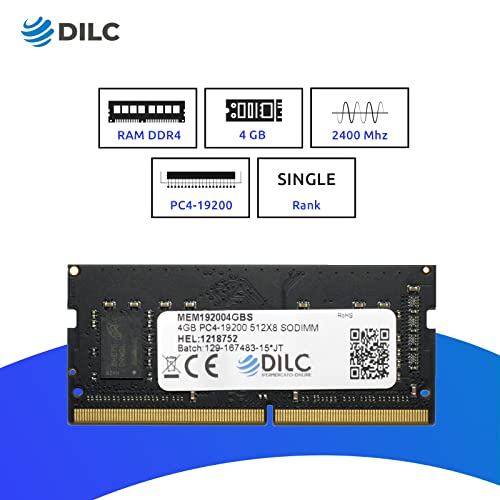 DILC, RAM DDR4 SODIMM 4GB, Memoria RAM per Pc Portatile, 2400Mhz, PC4-19200 (260 Pin), Single Rank, Compatibile con Computer Portatili/Notebook o Mini Pc con Slot SODIMM, Garantita a Vita, 512x8