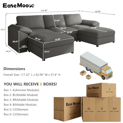 Image of EASE MOOSE Oversized Modular Sofa with Deep Seat,Leather Sectional U Shaped Couch for Living Room,Comfy Scratch Resistant Faux Leather Material,Modern Sofas with Ottoman,Grey