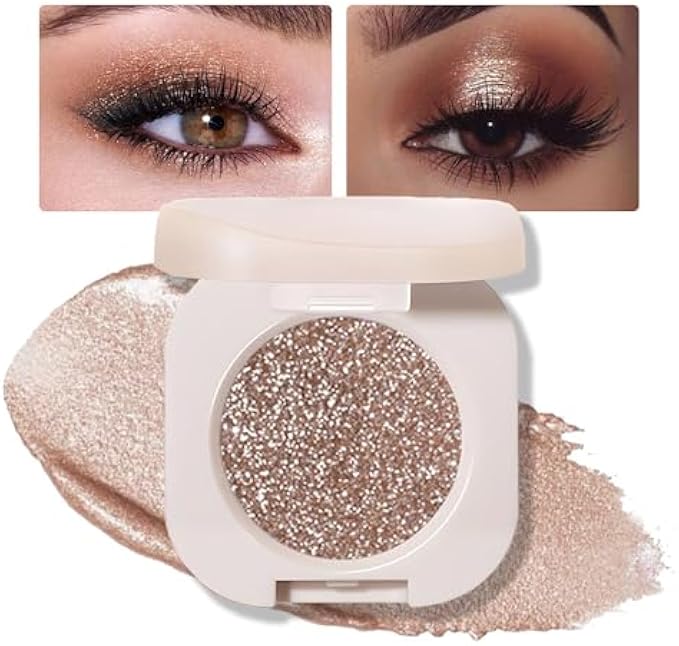Single Nude Gold Brown Shimmer Eyeshadow,Bright High Pigment Intense Monochrome Eye Shadow,Apply Makeup Easily,Glitter Pressed Powder Single Eyeshadow,24 Hour Eye Makeup Longwear Waterproof,Blendable