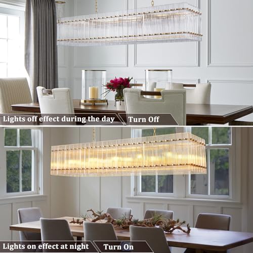 Image of Modern Gold Chandeliers,55 in Chandelier for Dining Room, Rectangular Water Ripple Crystal Glass Chandeliers Lighting Fixture, Suit Living Room、Kitchen Island, Adjustable Hanging Chandelier
