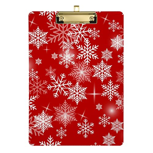 Planchette à pince décorative en acrylique rouge flocon de neige de Noël A4 de taille standard pour étudiants, hommes, femmes – 22,9 x 31,8 cm avec clip en métal discret