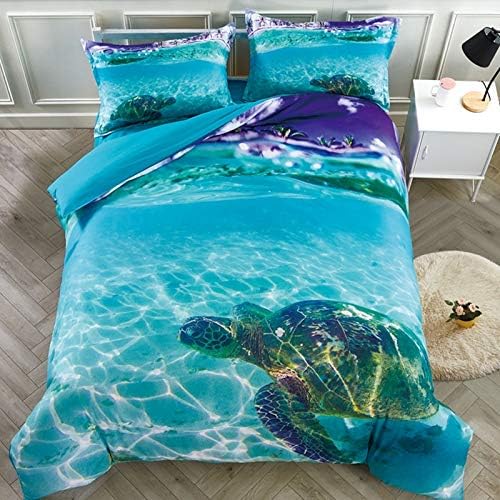 Beddinginn 3D Turtle Bedding Animal Print Kids Duvet Cover Set Turtle in The Blue Limpid Ocean Print 4pcs Bed Cover Set No Comforter