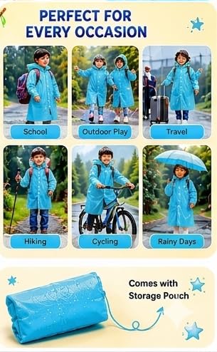Image of Kids Waterproof & Lightweight EVA Raincoat with Hooded Full Body Rain Protection for Boys and Girls Reusable Rain Wear Pack of 1