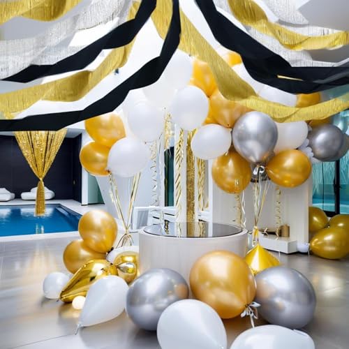 Image of PheiLa Crepe Paper Streamers 6 Rolls 492ft, Black and Gold Crepe Paper Graduation Party Decorations DIY Gift Wrapping Birthday Holiday Party Decor, 1.77 Inch x 82 Ft /Roll
