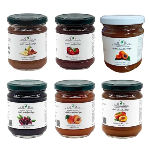 Agricola Dall'Armellina - Confituras surtidas producidas artesanalmente, mezcla de peras y canela, fresas, albaricoques, albaricoques violeta, cereza, duraznos, 6x220g aprox.