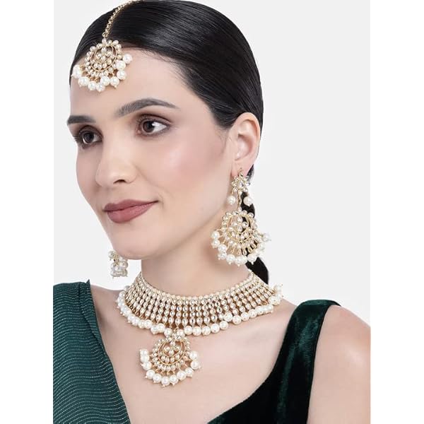 I Jewels 18K Gold Plated Traditional Kundan & Pearl Studded Choker Necklace Jewellery Set with Earrings & Maang Tikka For Women (K7058) - Image 7