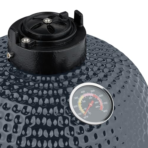 Relaxdays Kamado Grill, Ø 32 cm, Keramikgrill mit Thermometer bis 450°C, BBQ, Grillen, Kochen & Backen, Smoker, grau