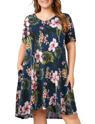Image of OVERWORETY Womens Short Sleeve Plus Size T-Shirt Dress V Neck Casual Loose Swing A-Line Summer Tunic Dresses with Pockets