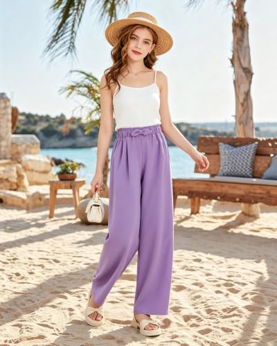 Image of Girls Wide Leg Palazzo Pant Loose Straight Cute Bow Waist Spring Summer Lightweight Dress Pant for Kids 5-14Y
