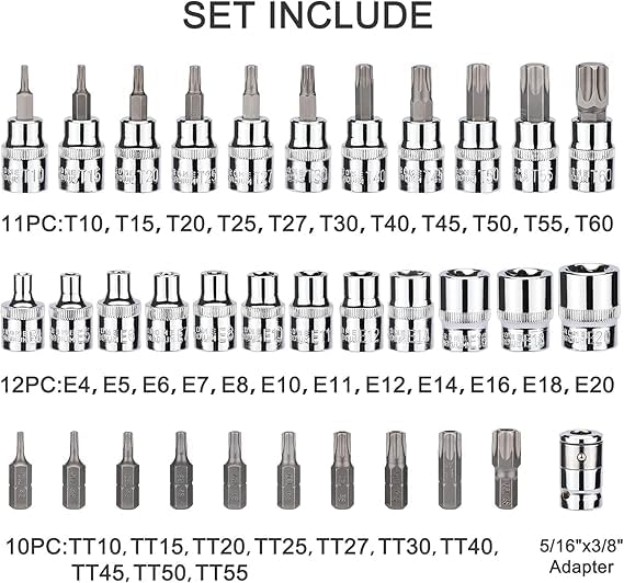 Artnery Drive Torx Bit Socket Set - Cr-V E, S2, Tamper Proof, 5/16"F to 3/8"M Adapter, 34 Pieces
