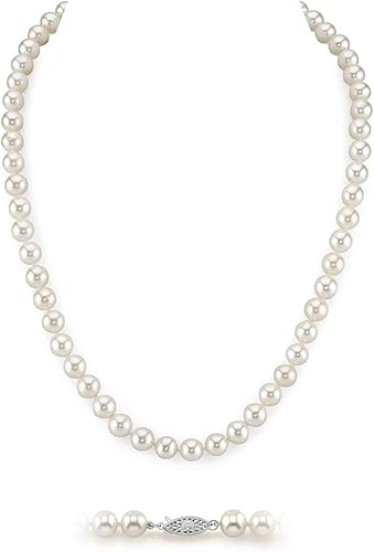 Real Pearl Necklace for Women with AAA Quality Round White Freshwater Genuine Cultured Pearls 18 inch Pearl Strand with 14K Gold Plated Sterling