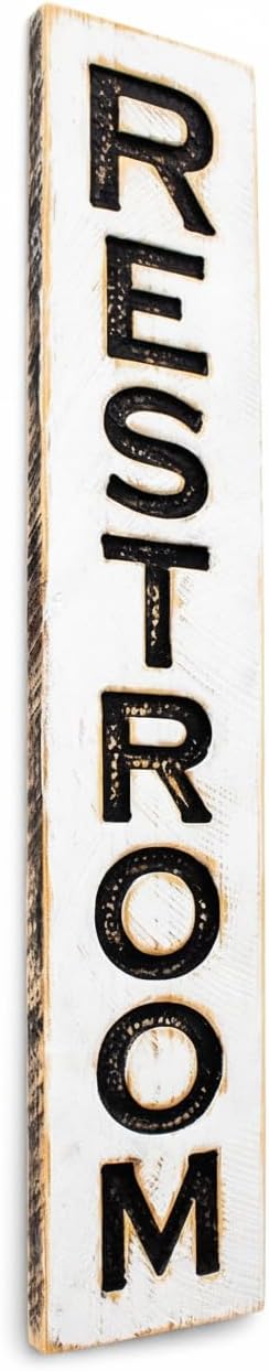 Vertical RESTROOM Sign | 40" tall x 8" wide | Carved in Solid Wood | Rustic Distressed | Farmhouse Style | Business Signage | Handmade in NC