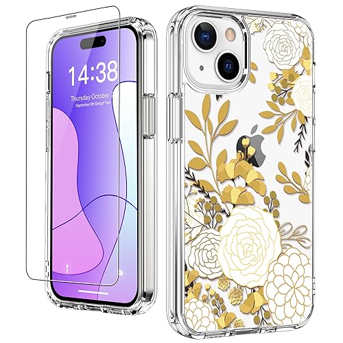 LUHOURI for iPhone 15 Plus Case with Screen Protector - Crystal Acrylic Clear - Fashionable Pattern Design - Wireless Charging - Slim Fit Protective Cover for Women Girls,Champagne Floral Flower