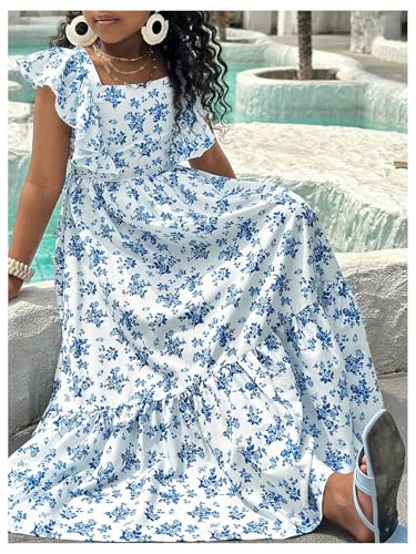 Girl's Floral Maxi Dress Boho Bowknot Ruffle Cap Sleeve Vacation Flowy Dresses4