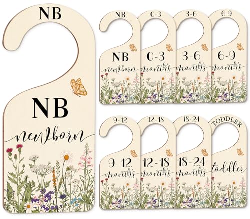 Image of Whaline 8Pcs Wildflower Baby Closet Size Dividers Vintage Floral Leaves Hanging Wood Baby Closet Organizer Newborn to 24 Months Thicken Baby Wardrobe Organizer for Home Nursery