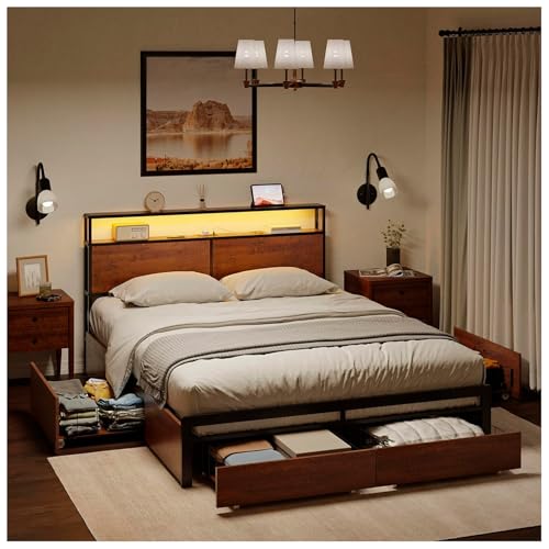 Opiniones y reviews de Base Matrimonial los más solicitados. 45 FABATO Base Cama Matrimonial - Cabecera con Luces Led 2 Salidas de CA y 2 USB - Box con cajones de Almacenamiento Plataforma de Metal, Antideslizante (Café)