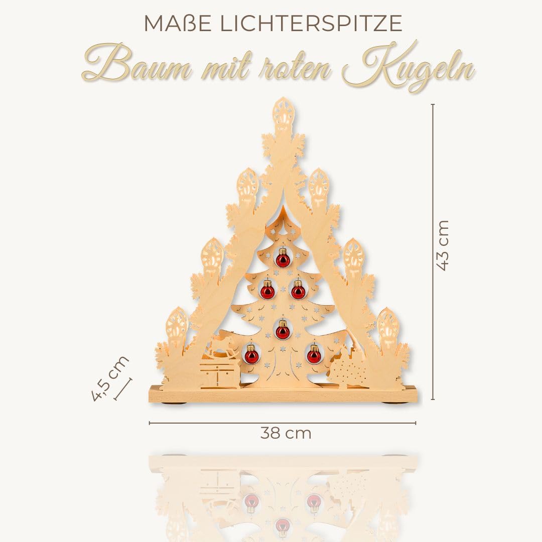 weigla - Lichterspitze original Erzgebirge I Motiv Weihnachtsbaum mit roten Kugeln I LED Lichterbogen Weihnachten I 7 Lampenkerzen + 1 Ersatzlampe I 7 x 34 V, 0,2 W, E10 I Weihnachtsdeko innen