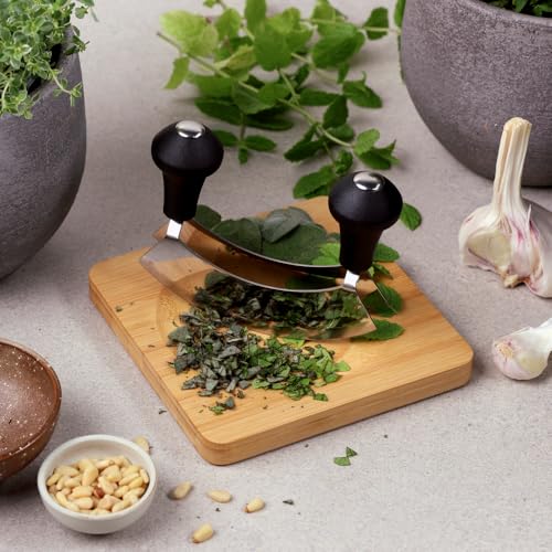 Foto von KESPER | Kräuterschneidebrett mit Wiegemesser, Material: Bambus, Edelstahl, Maße: 16 x 16 x 1,8 cm, Farbe: Braun, Silber | 50646