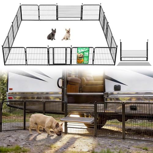 Image of FXW Instant Dog Playpen with RV Step Grid for RV Camping, 24 inch H, 16 Panels | Quick-Setup & Heavy-Duty Play Yard, Helps Close Stair Gaps, Fits 30 inch RV Step Opening, For Puppies & Small Dogs, Patented