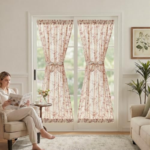 Image of jinchan Terracotta Linen French Door Curtain 72 Inch Rod Pocket 1 Panel | Light filtering, farmhouse fresh floral print, a tieback included, full length door panels for patio door, sliding glass door
