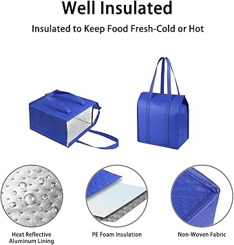 2PCS 18L Blue Reusable Insulated Grocery Bags, Zippered for Food Shopping