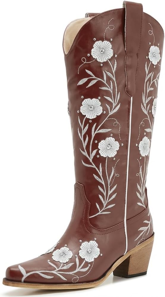Women’s Wide Calf Turquoise Embroidered Cowgirl Boots – Plus Size Western Knee High Boots with Floral Stitching, Pull On Style and Low Block Heel