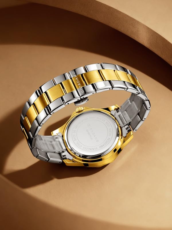 Image of Giordano Two-Tone Analog Watch for Men - Crystal Hour Markers, Textured Bezel Design, Day & Date Display, Stainless Steel Strap, Quartz Movement - GZ-50177-33