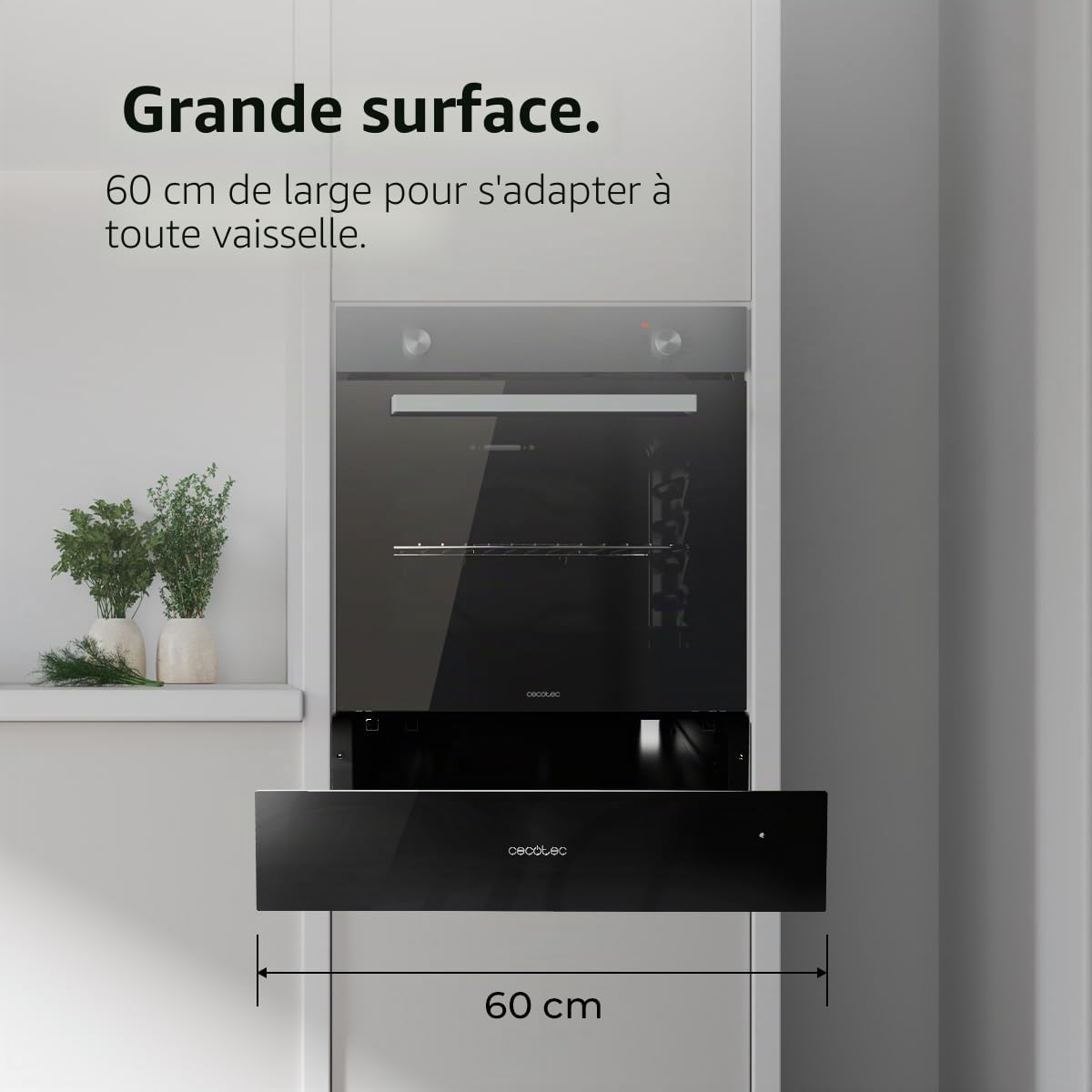 Cecotec Tiroir Chauffe Bolero Hexa WD Glass Black. Chauffe-Vaisselle intégré,60cm, Puissance maximale, température réglable de 30 à 80 °, contrôle mécanique, Tapis antidérapant intérieur, Verre Noir