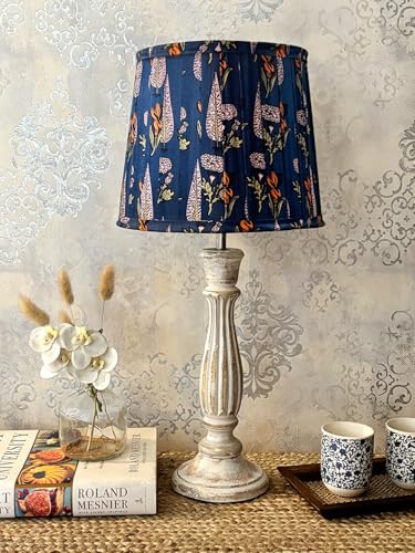 Image of Green Girgit Athens Wooden Lamp in Distress White Color with Pleeted Multiolor Blue Leaf Shade, Vintage Style Table Lamp with Tropical Print Shade, Decorative Bedroom Lighting (LED Bulb Included)