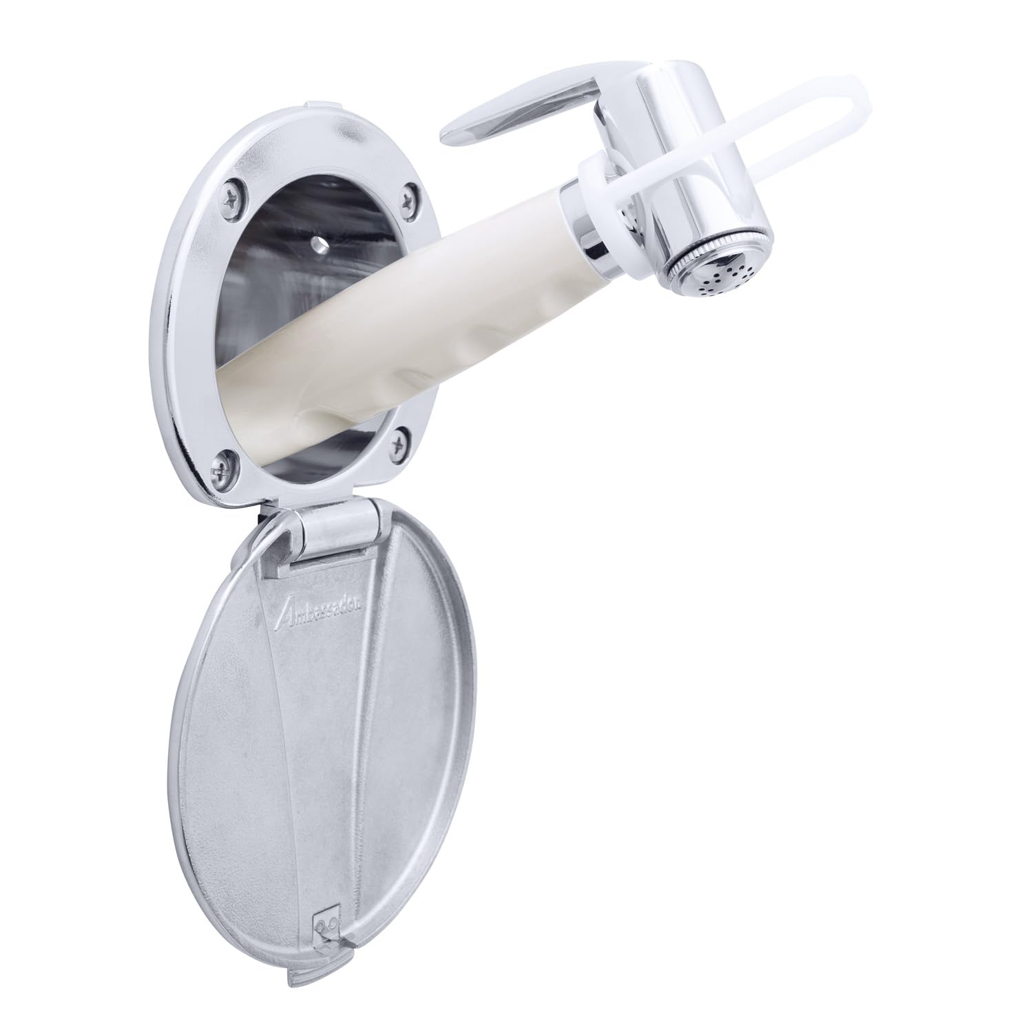 Recessed Shower- Chrome Cup with Stainless Steel Lid, Hammer-Head Warm White Sprayer, 6' White Rubber Hose - 136-0042-CW-W