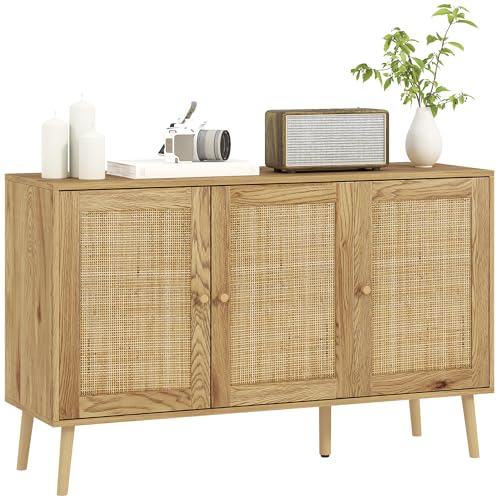 HOMCOM Aparador con 3 Puertas de Ratán, Aparador de Salón Bohemio, con Estantes Ajustables, para Cocina, Entrada, Dormitorio, Madera Natural, 120x40x75 cm